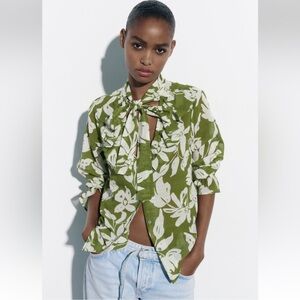 Zara BNWT size S Floral Green white rustic Women's Top blouse Chloe style